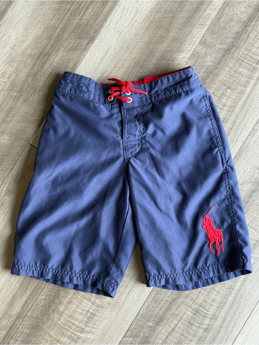 Polo Ralph Lauren Boys Swim Trunks Sz S/8 Navy Blue Red Lined Elastic Waist